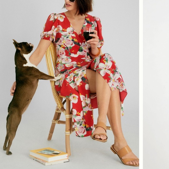 NWT Anthropologie x Alice Archer Rosalie Wrap Midi Dress 10 Red Motif Floral - Picture 2 of 16